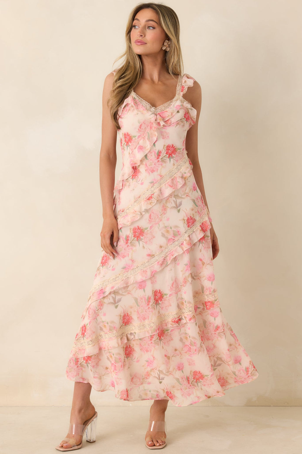 Women's Yours Always Coral Pink Floral Lace & Ruffle Trim Midi Dress | 100% Polyester 5