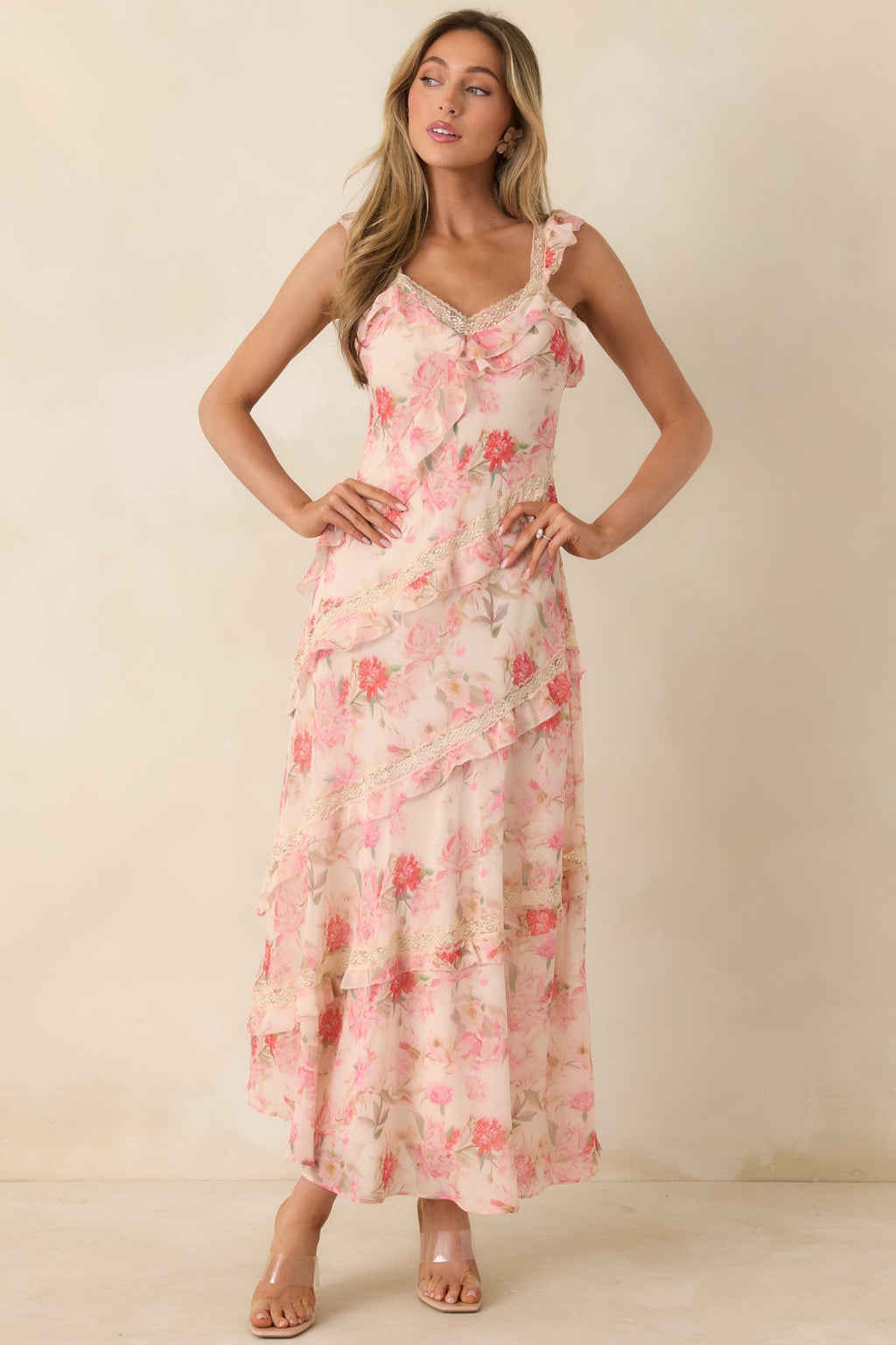Women's Yours Always Coral Pink Floral Lace & Ruffle Trim Midi Dress | 100% Polyester 6