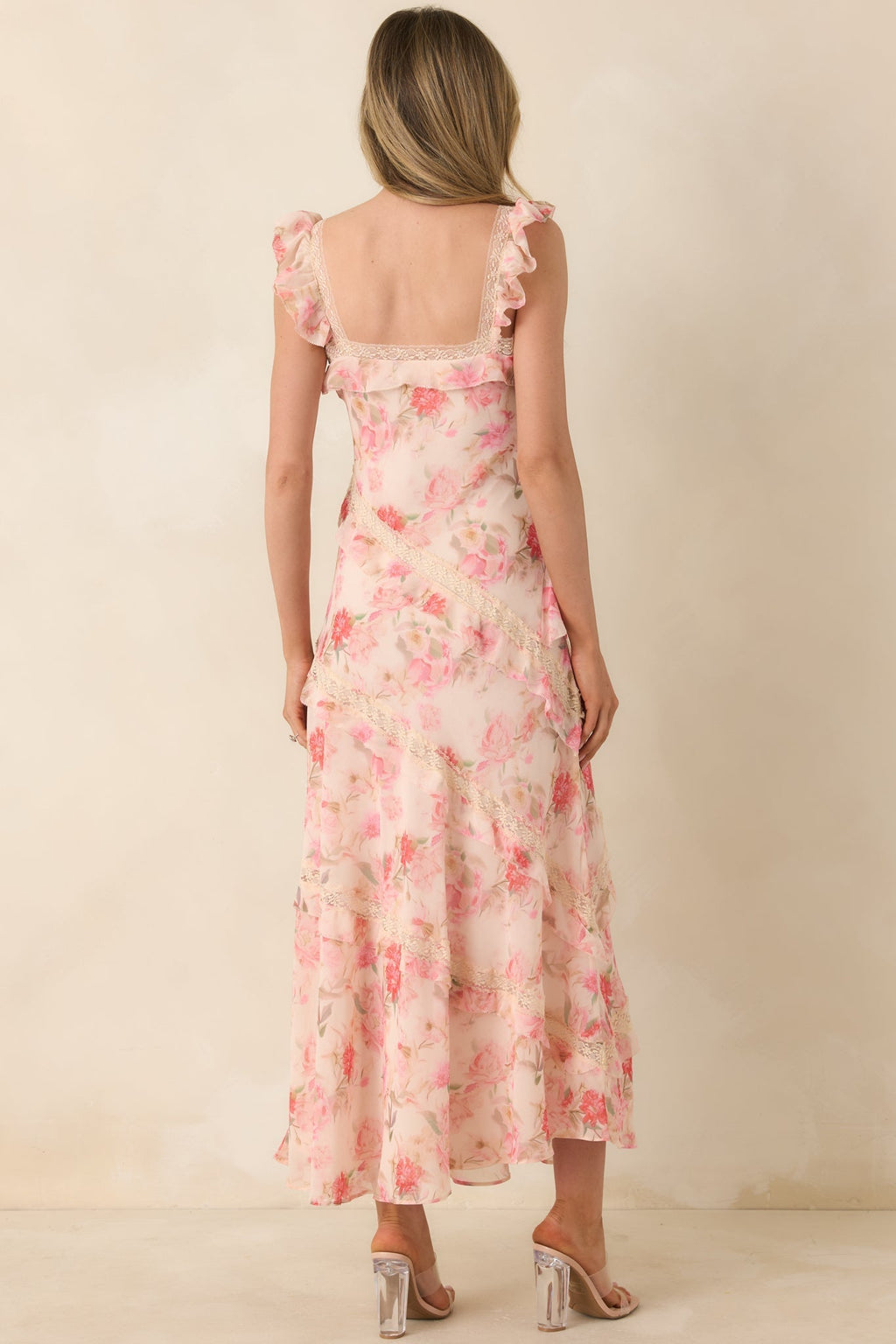 Women's Yours Always Coral Pink Floral Lace & Ruffle Trim Midi Dress | 100% Polyester 7
