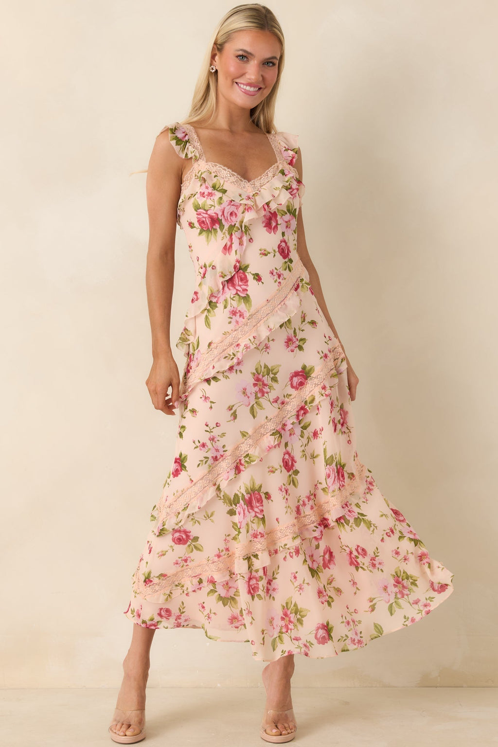 Women's Yours Always Rose Pink Floral Lace & Ruffle Trim Midi Dress | 100% Polyester 0