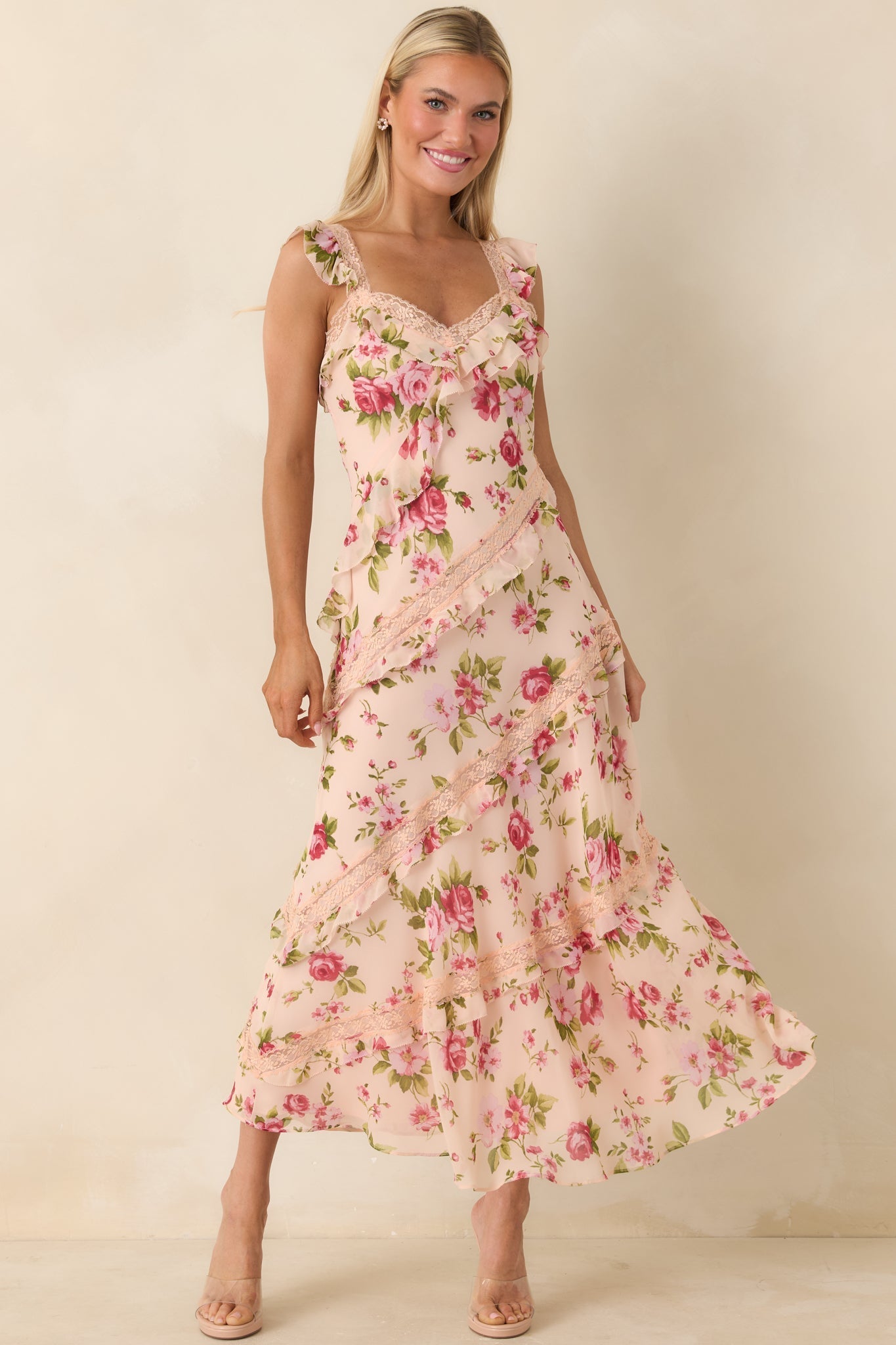 Women's Yours Always Rose Pink Floral Lace & Ruffle Trim Midi Dress | 100% Polyester 0