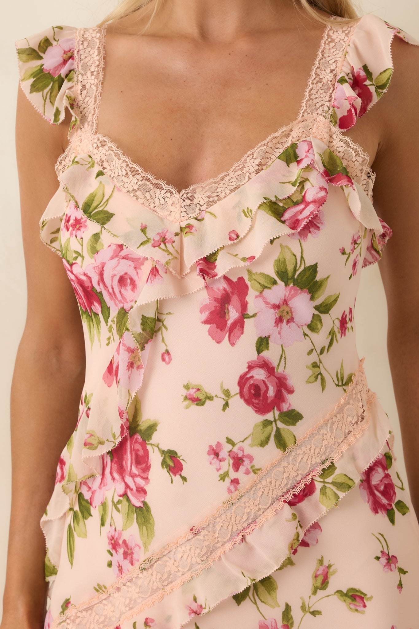 Women's Yours Always Rose Pink Floral Lace & Ruffle Trim Midi Dress | 100% Polyester 1