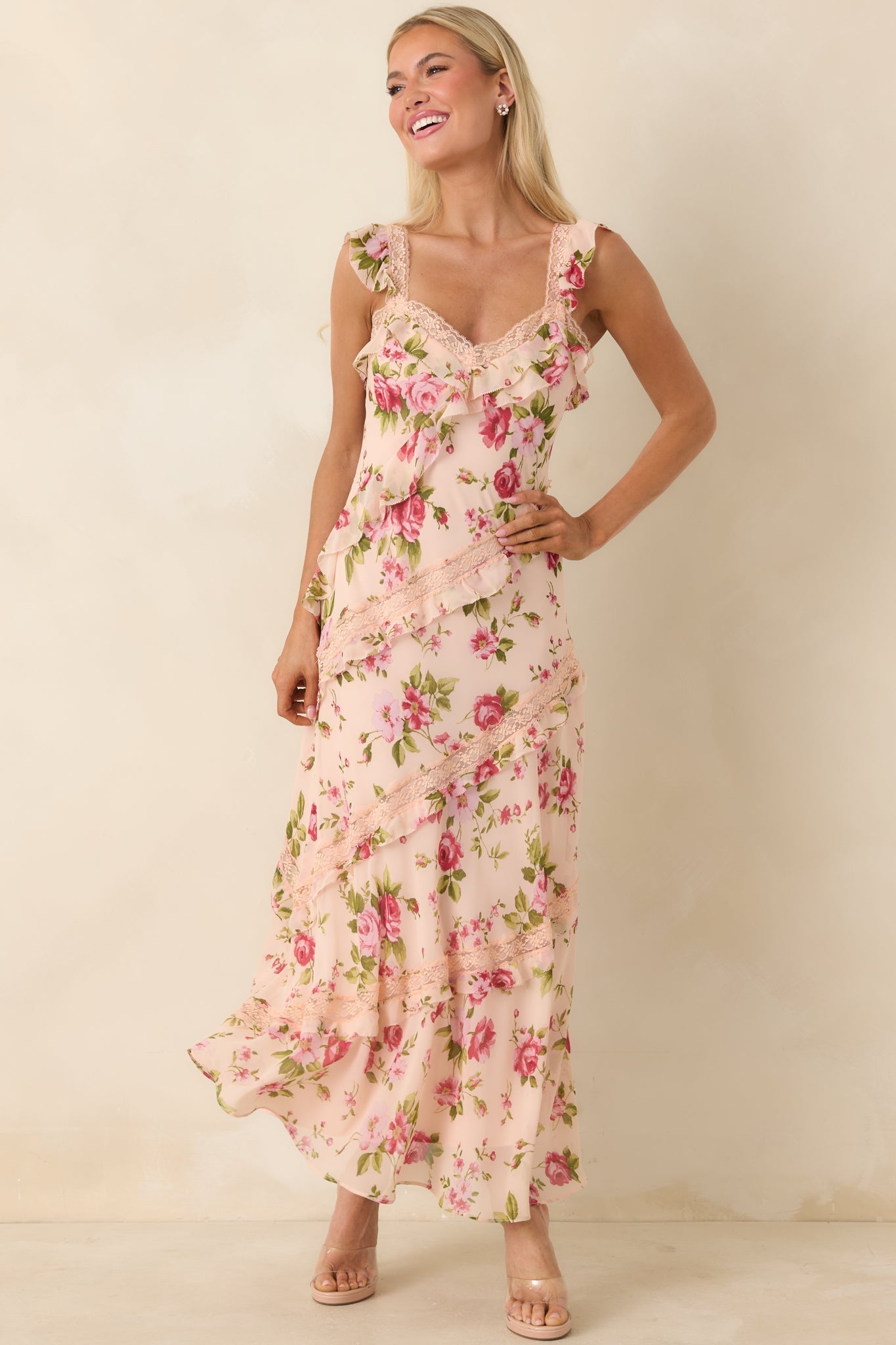 Women's Yours Always Rose Pink Floral Lace & Ruffle Trim Midi Dress | 100% Polyester 2