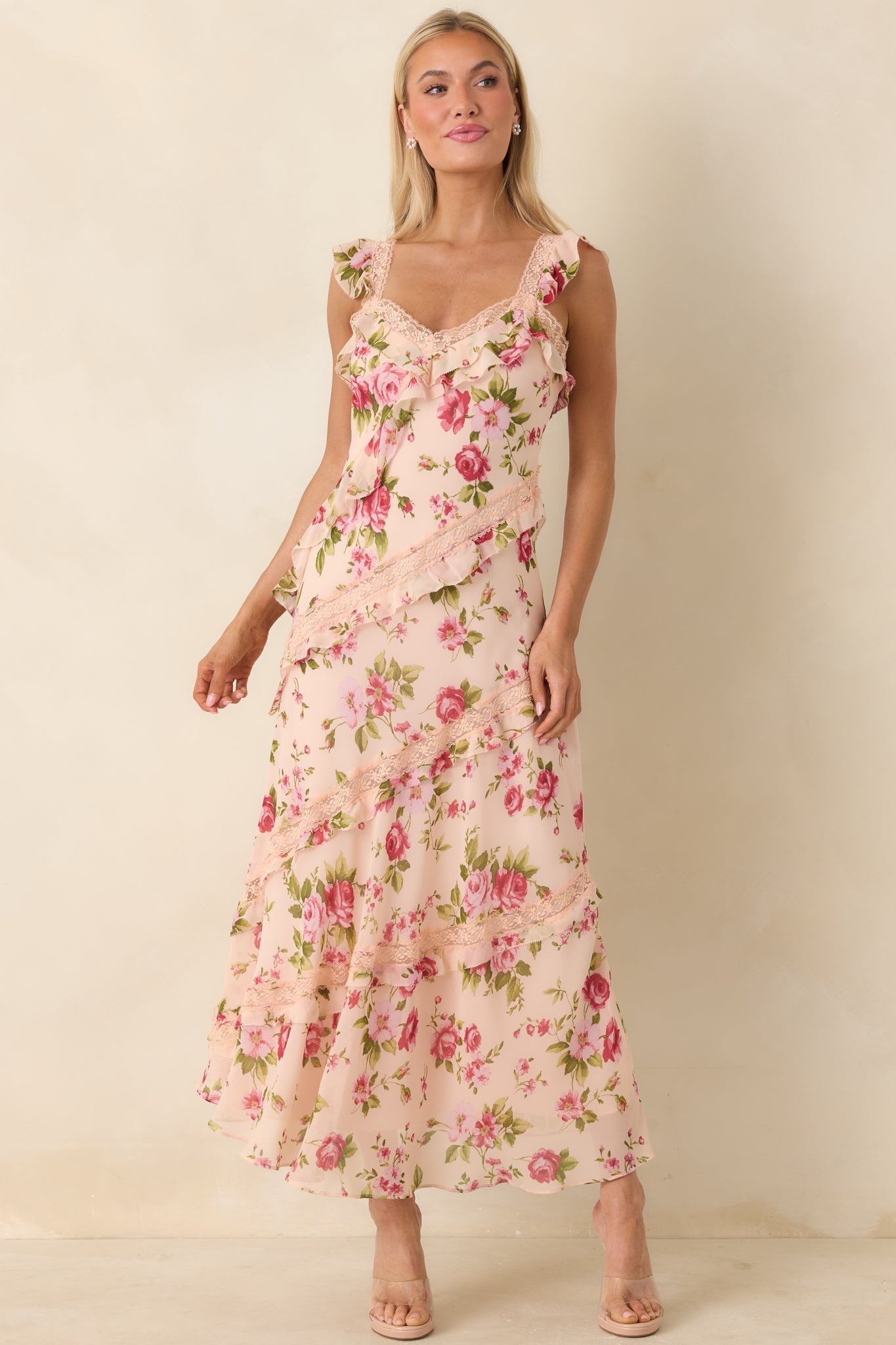 Women's Yours Always Rose Pink Floral Lace & Ruffle Trim Midi Dress | 100% Polyester 3