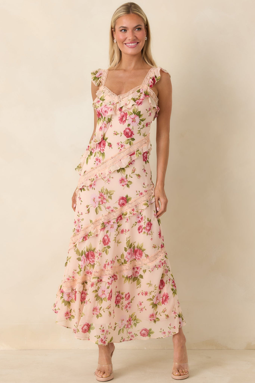 Women's Yours Always Rose Pink Floral Lace & Ruffle Trim Midi Dress | 100% Polyester 5