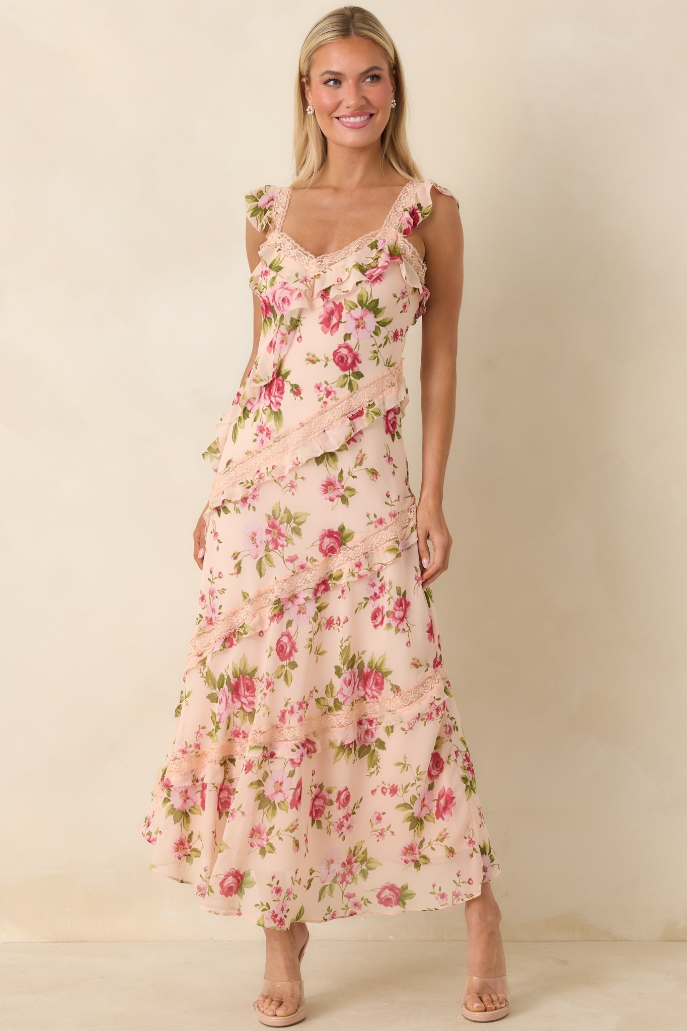Women's Yours Always Rose Pink Floral Lace & Ruffle Trim Midi Dress | 100% Polyester 5