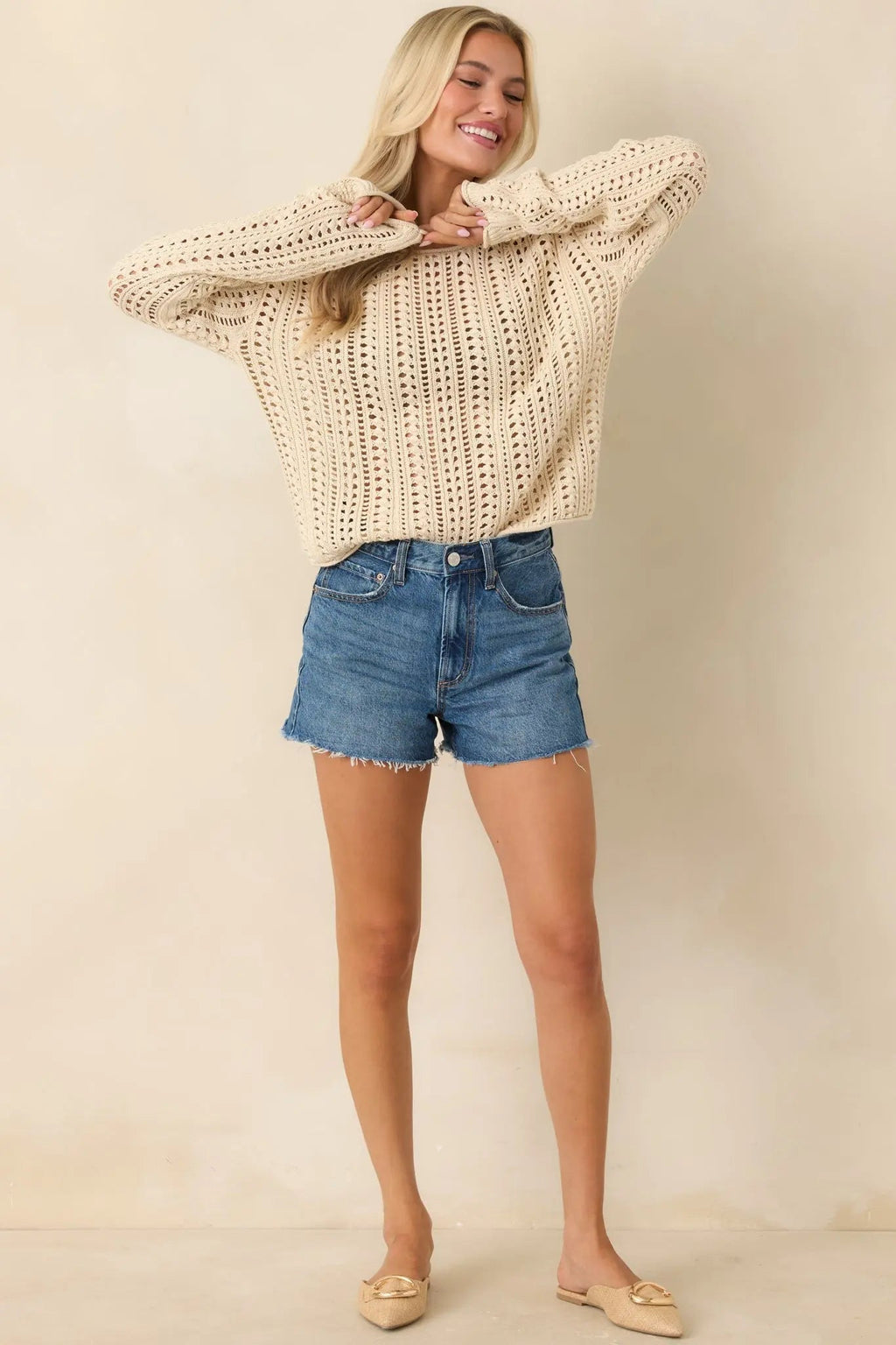 Women's Z Supply Beige Upland Crochet Sweater Top | 60% Cotton & 40% Viscose 3