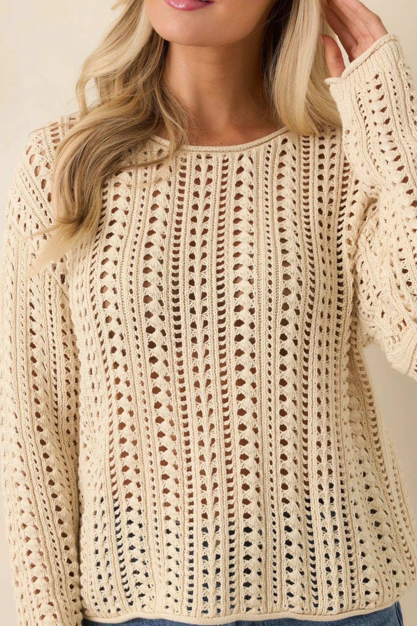 Women's Z Supply Beige Upland Crochet Sweater Top | 60% Cotton & 40% Viscose 6