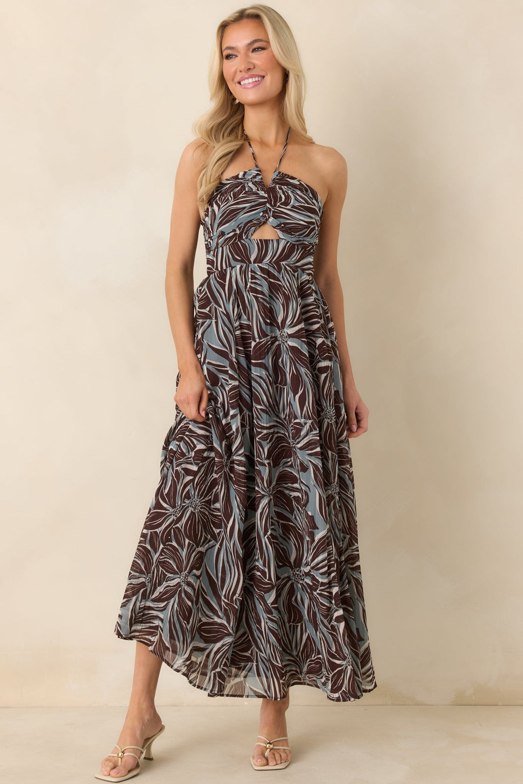 Women's Z Supply Chocolate Brown Multi Lanie Zinn Floral Halter Maxi Dress | 100% Polyester 1