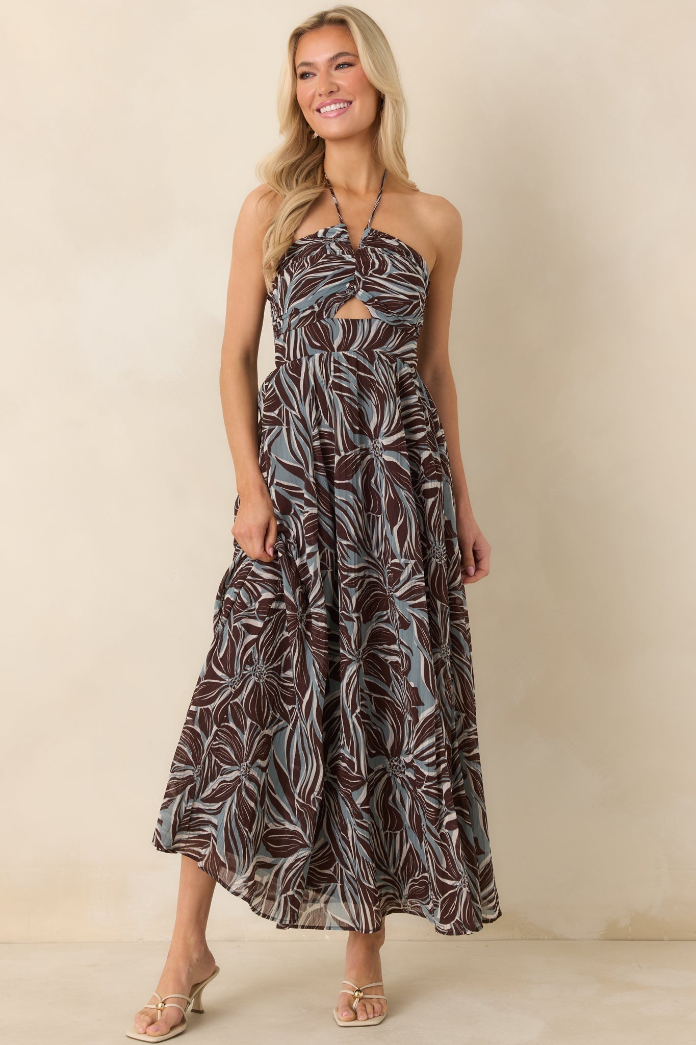 Women's Z Supply Chocolate Brown Multi Lanie Zinn Floral Halter Maxi Dress | 100% Polyester 1