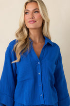 Women's Z Supply Helena Nautical Blue Cotton Gauze Button Up | 100% Cotton 2