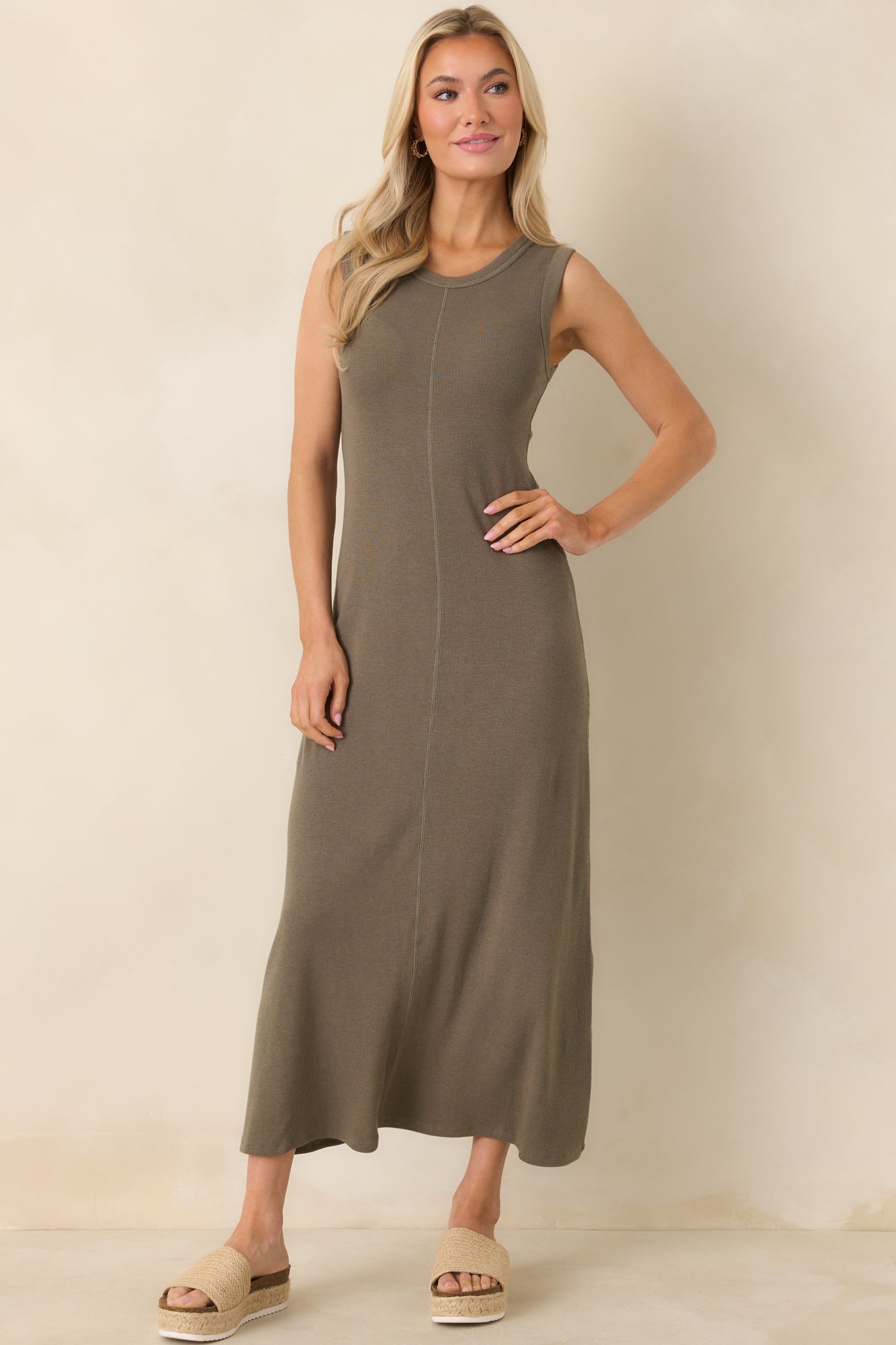 Women's Z Supply Khaki Green Linden Slub Rib Maxi Dress | 52% Cotton 0