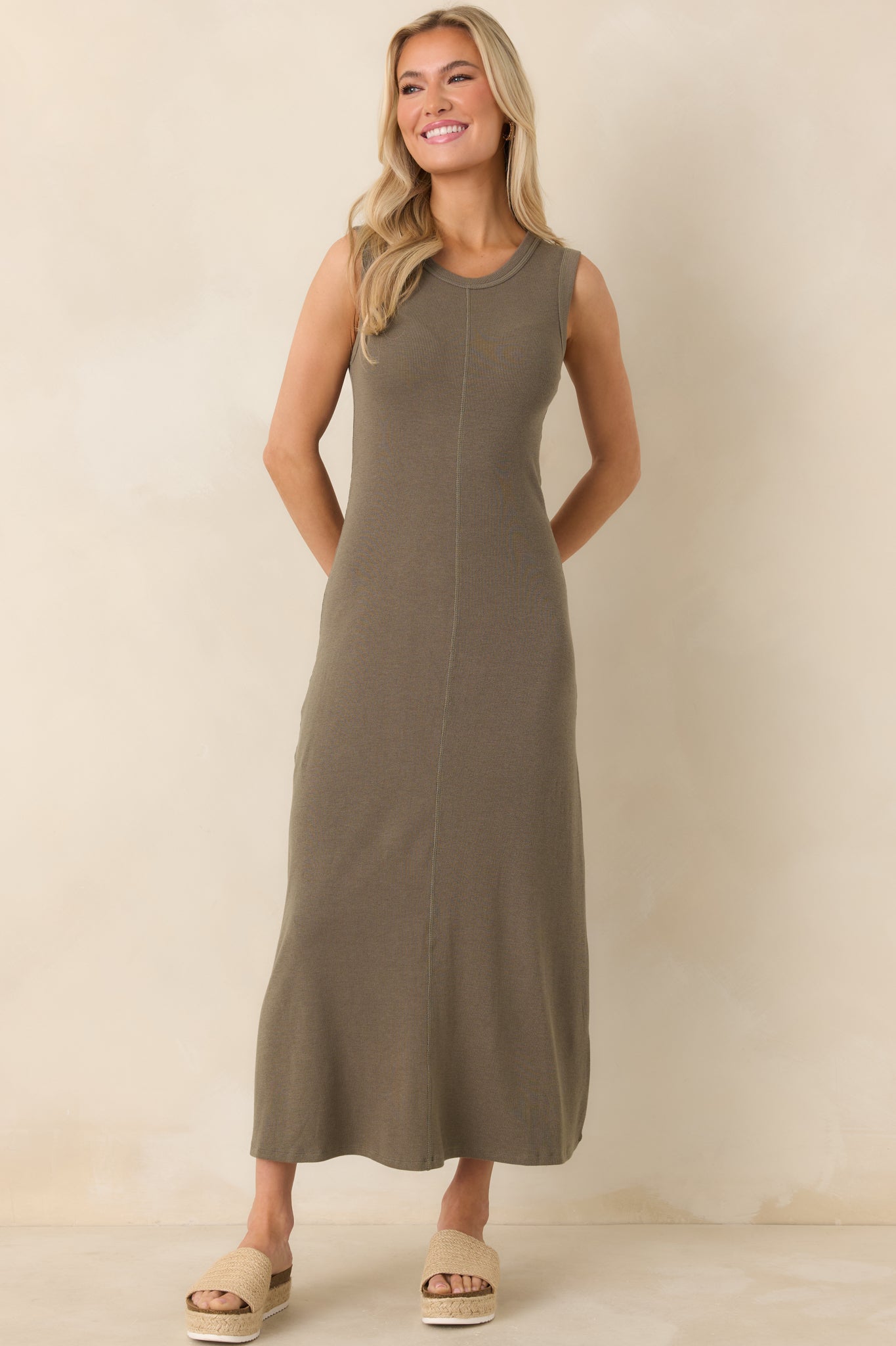 Women's Z Supply Khaki Green Linden Slub Rib Maxi Dress | 52% Cotton 1