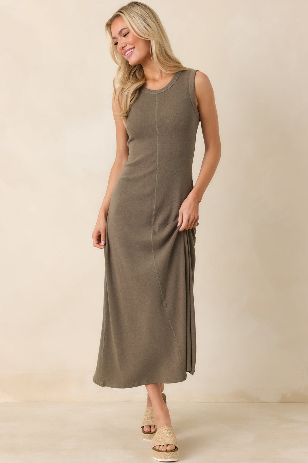 Women's Z Supply Khaki Green Linden Slub Rib Maxi Dress | 52% Cotton 2