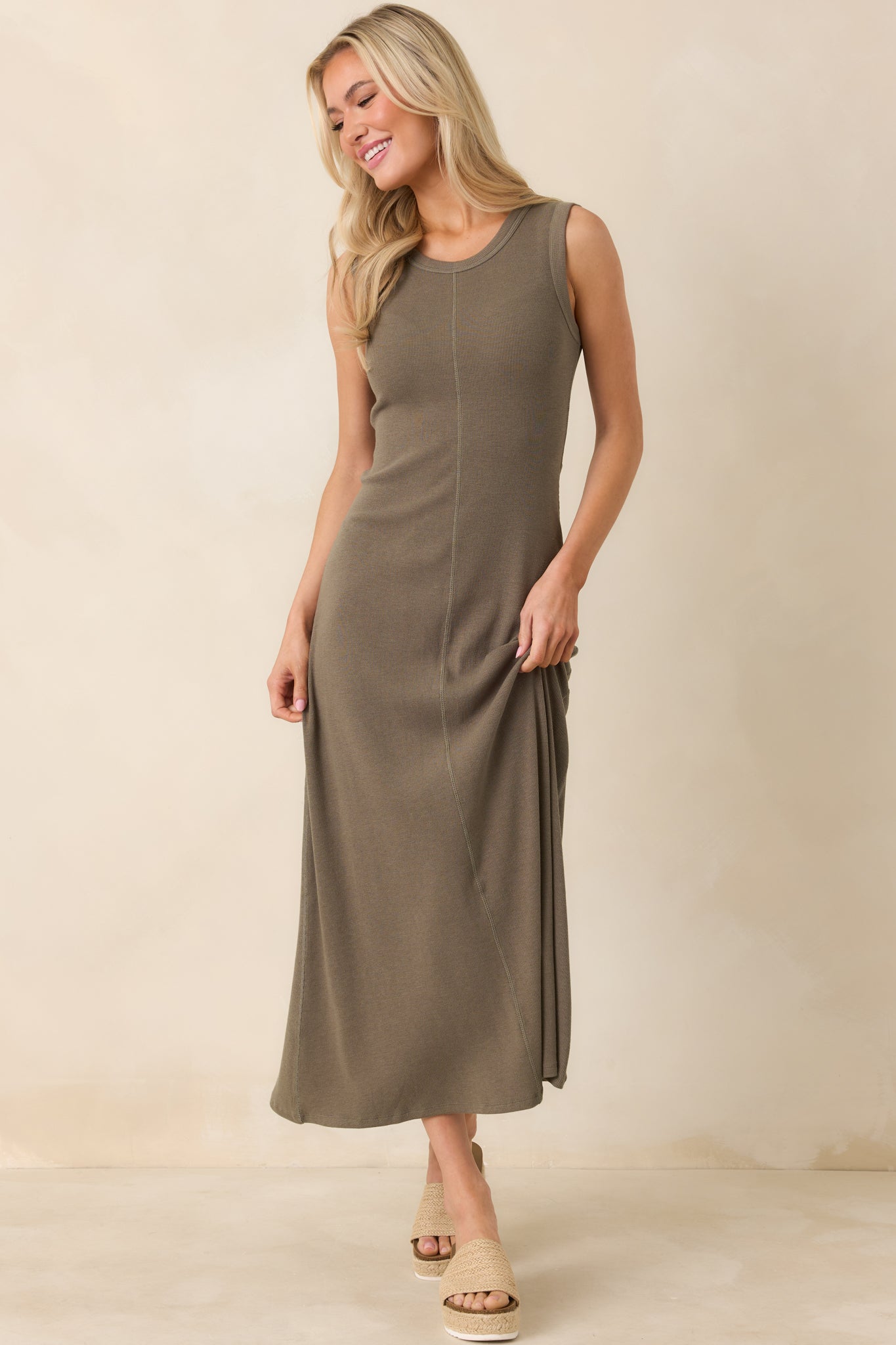 Women's Z Supply Khaki Green Linden Slub Rib Maxi Dress | 52% Cotton 2