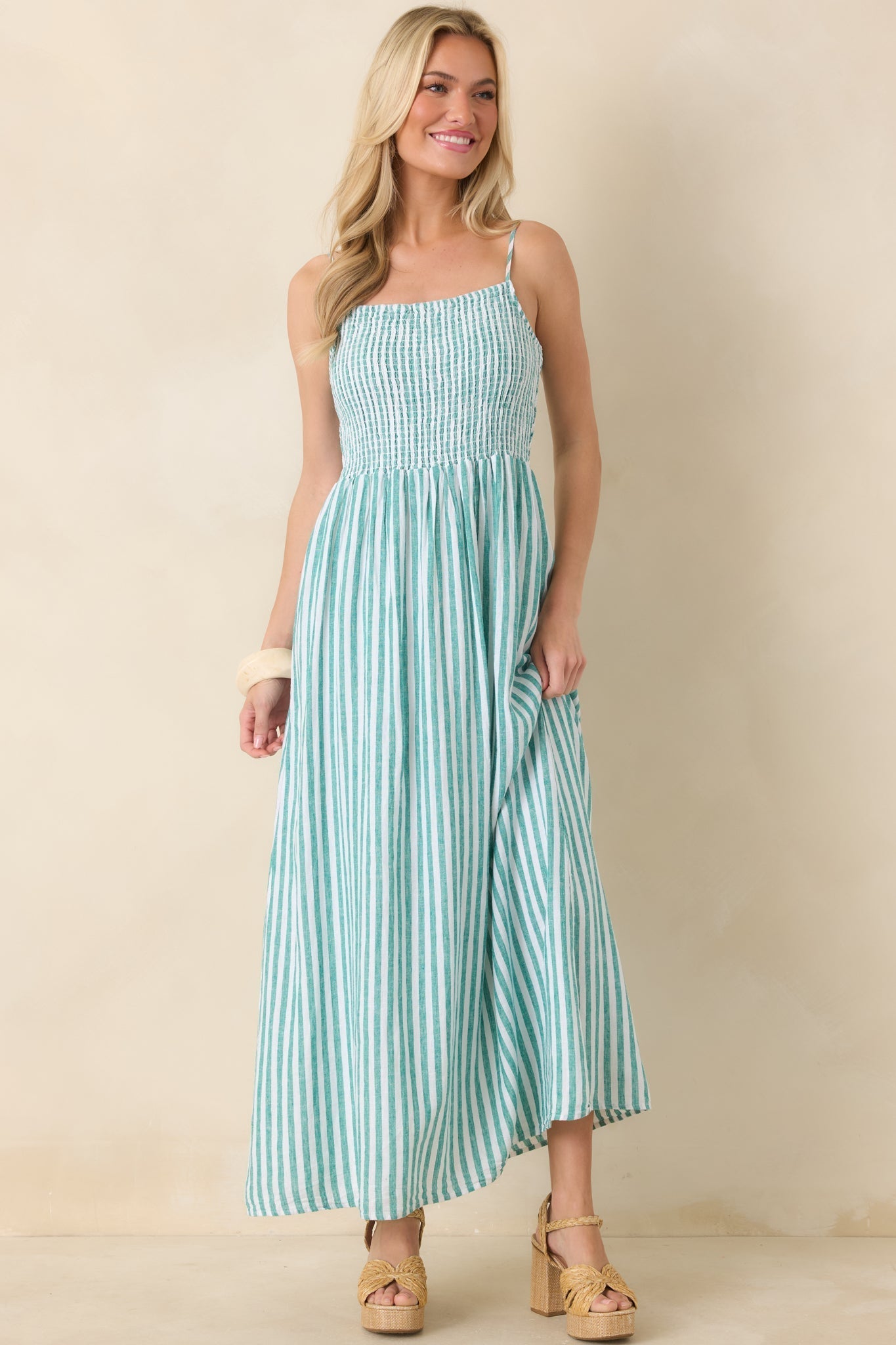 Women's Z Supply La Palma Green Bayside Stripe Linen Maxi Dress | 55% Linen & 45% Rayon 0
