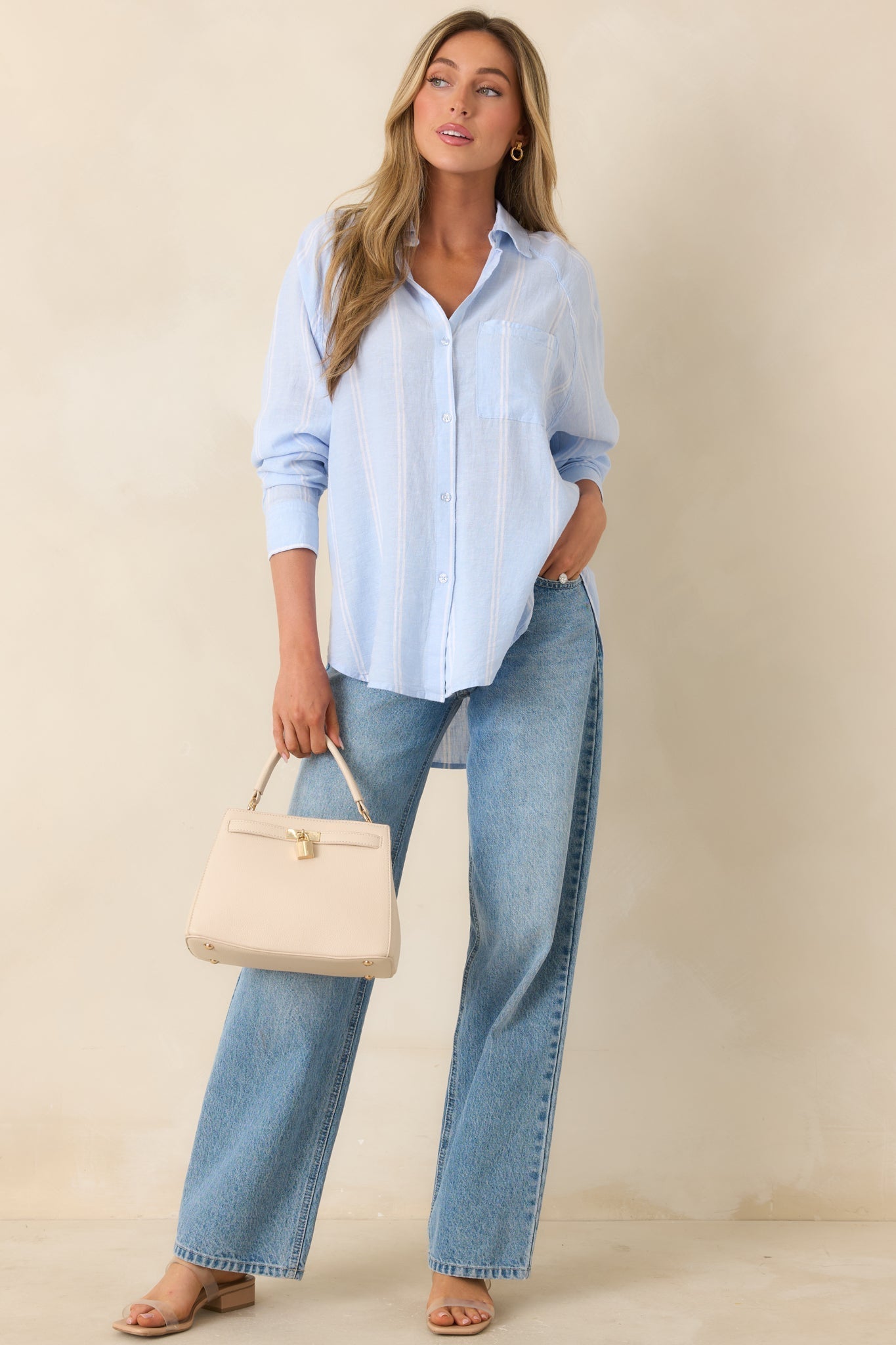 Women's Z Supply Light Blue Perfect Linen Stripe Top | 55% Linen 0