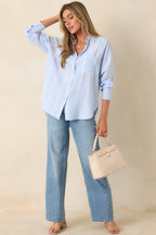Women's Z Supply Light Blue Perfect Linen Stripe Top | 55% Linen 2