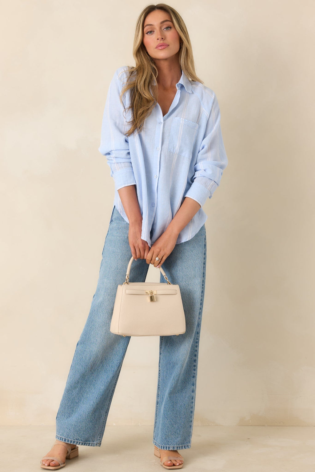 Women's Z Supply Light Blue Perfect Linen Stripe Top | 55% Linen 4