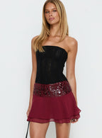 Women's Zenayda Drop Waist Sequin Mini Skirt Burgundy | Drop waist mini skirt with sequin detail 1