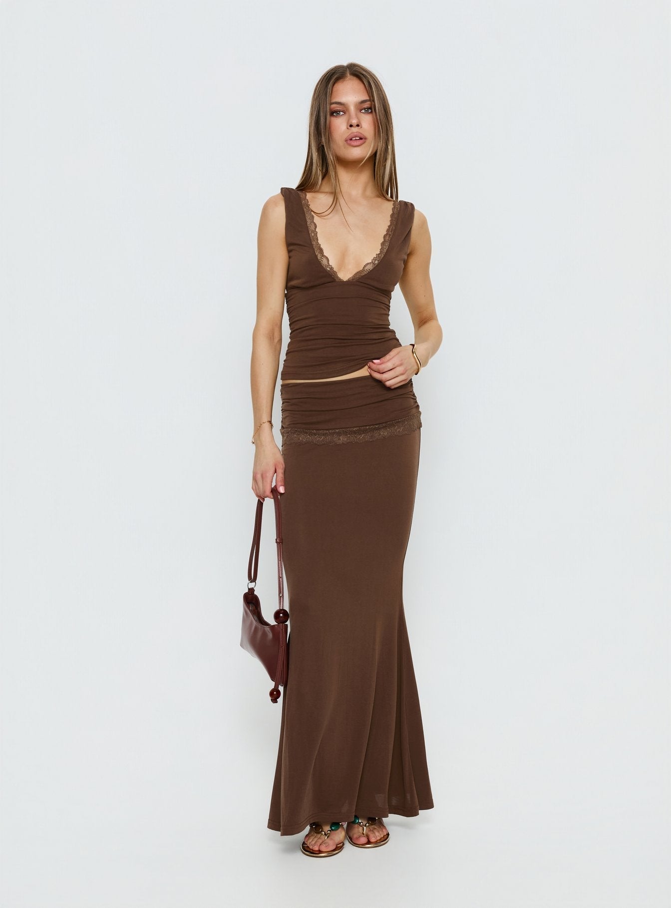 Women's Zespri Jersey Maxi Skirt Brown | Jersey mini skirt with lace detailing 1