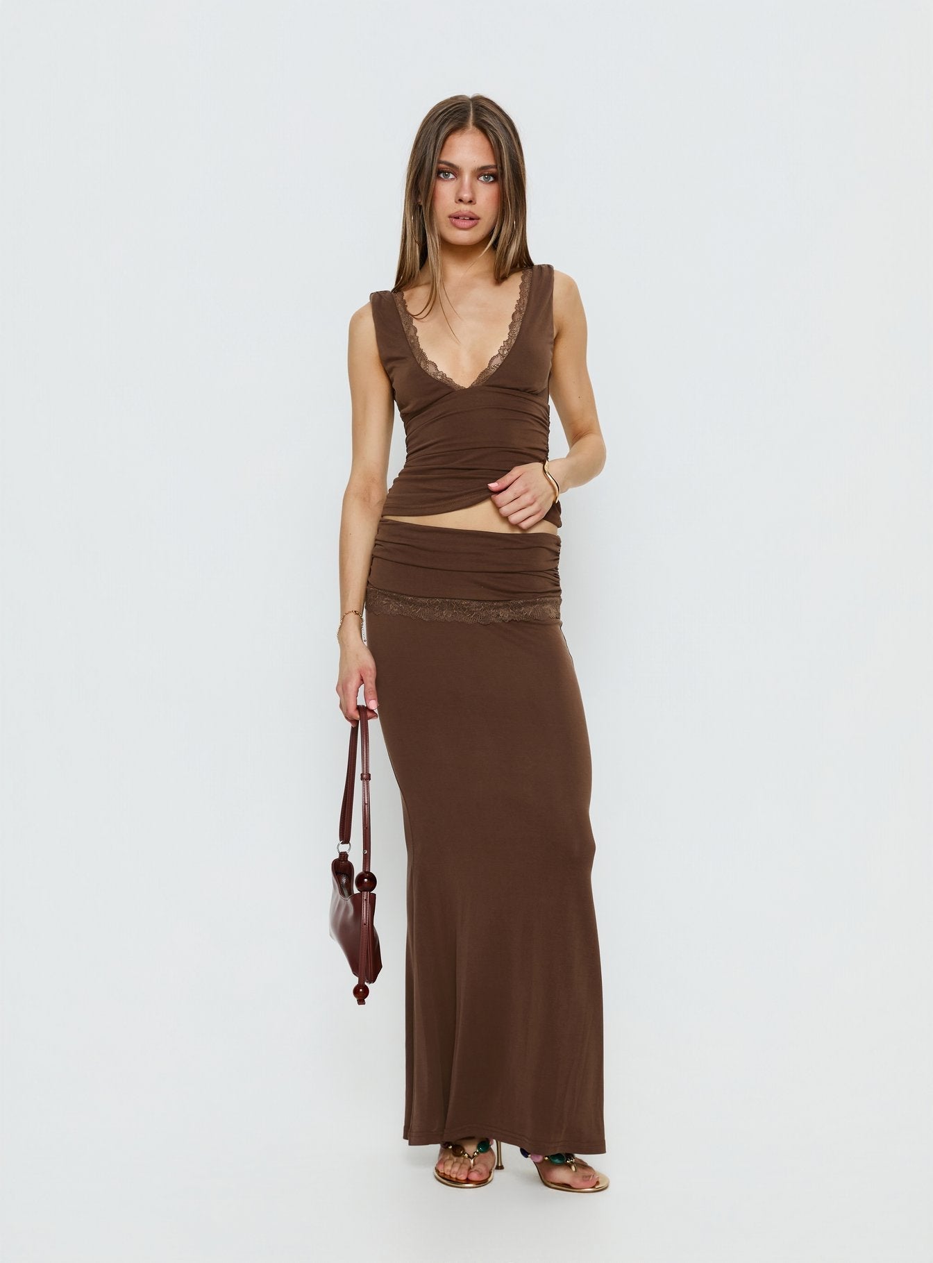 Women's Zespri Jersey Maxi Skirt Brown | Jersey mini skirt with lace detailing 2