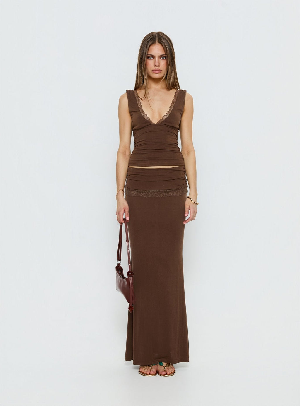 Women's Zespri Jersey Maxi Skirt Brown | Jersey mini skirt with lace detailing 6