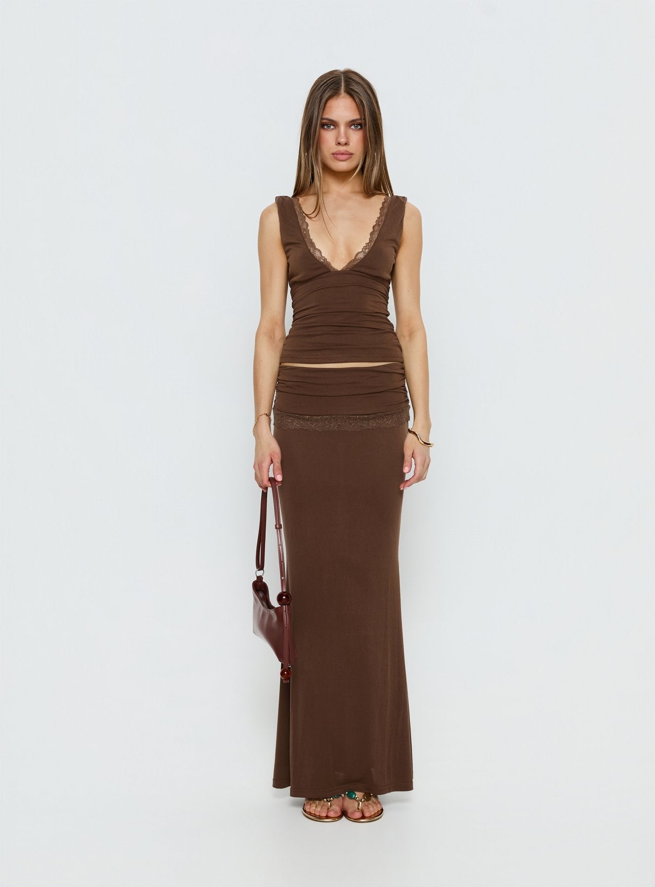 Women's Zespri Jersey Maxi Skirt Brown | Jersey mini skirt with lace detailing 6
