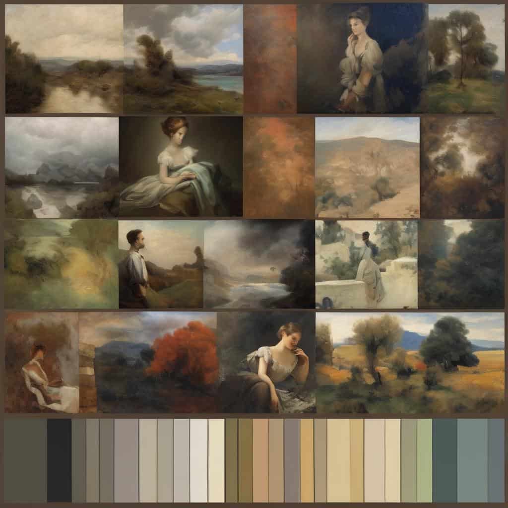 Οδική εικόνα με τοπία εποχών και ρυθμών στην τέχνη, εικαστικά έργα που απεικονίζουν αλλαγές φύσης και ανθρώπινα πορτρέτα, αναδεικνύοντας την αισθητική και την ατμόσφαιρα των χειμωνιάτικων, εαρινών, καλοκαιρινών και φθινοπωρινών σκηνών.