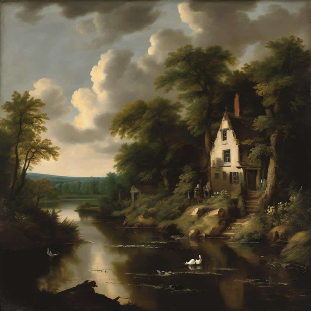 Γραμμή αρχείου: εποχές και ρυθμοί στην τέχνη, τοπίο με παραδοσιακό σπιτάκι και ποτάμι, με επιρροές της φύσης και της εποχής, ρεαλιστικό και ήρεμο σκηνικό.