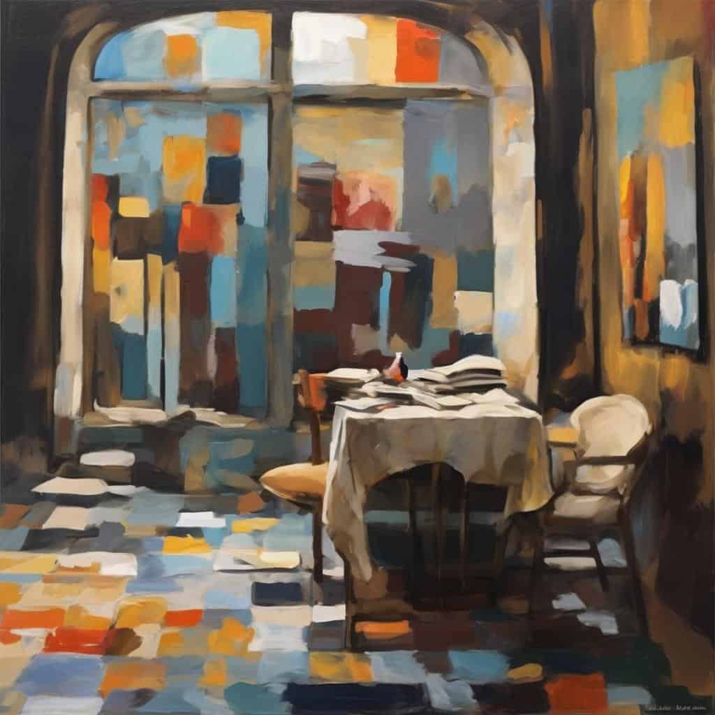 Λεπτομέρεια εσωτερικού χώρου με παραθυρόφυλλο, τραπέζι στρογγυλό καλυμμένο με τραπεζομάντηλο και καρέκλες, σε ζωγραφική με εντυπωσιακά χρώματα και τοπική αισθητική, αναδεικνύοντας εποχές και ρυθμούς στην τέχνη.