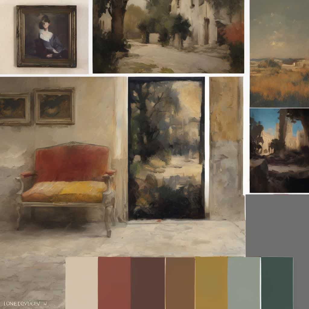 Παραθυρόφυλλο και τοπίο σε ζωγραφική, έργα τέχνης με εποχές και ρυθμούς, τέχνη και περιβάλλον, ιμπρεσιονιστικά τοπία, εσωτερικός χώρος με vintage καρέκλα, μεσές εποχές και μεταβατικές ρυθμικές αποδόσεις.