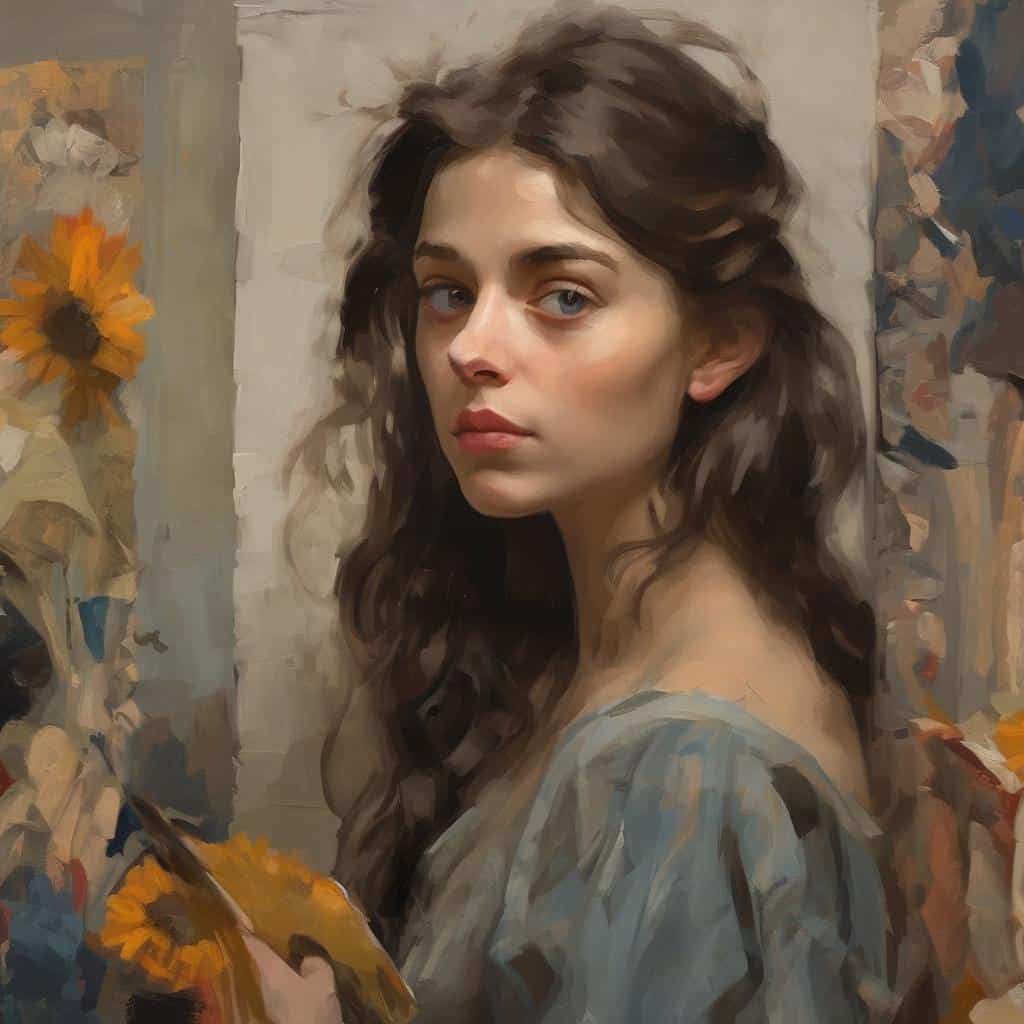 Νεαρή γυναίκα με καστανά μακριά μαλλιά, πορτρέτο σε ζωγραφικό στυλ με στοιχεία εποχών και ρυθμών στην τέχνη, με άγρια λουλούδια σε φόντο και ζεστές αποχρώσεις.