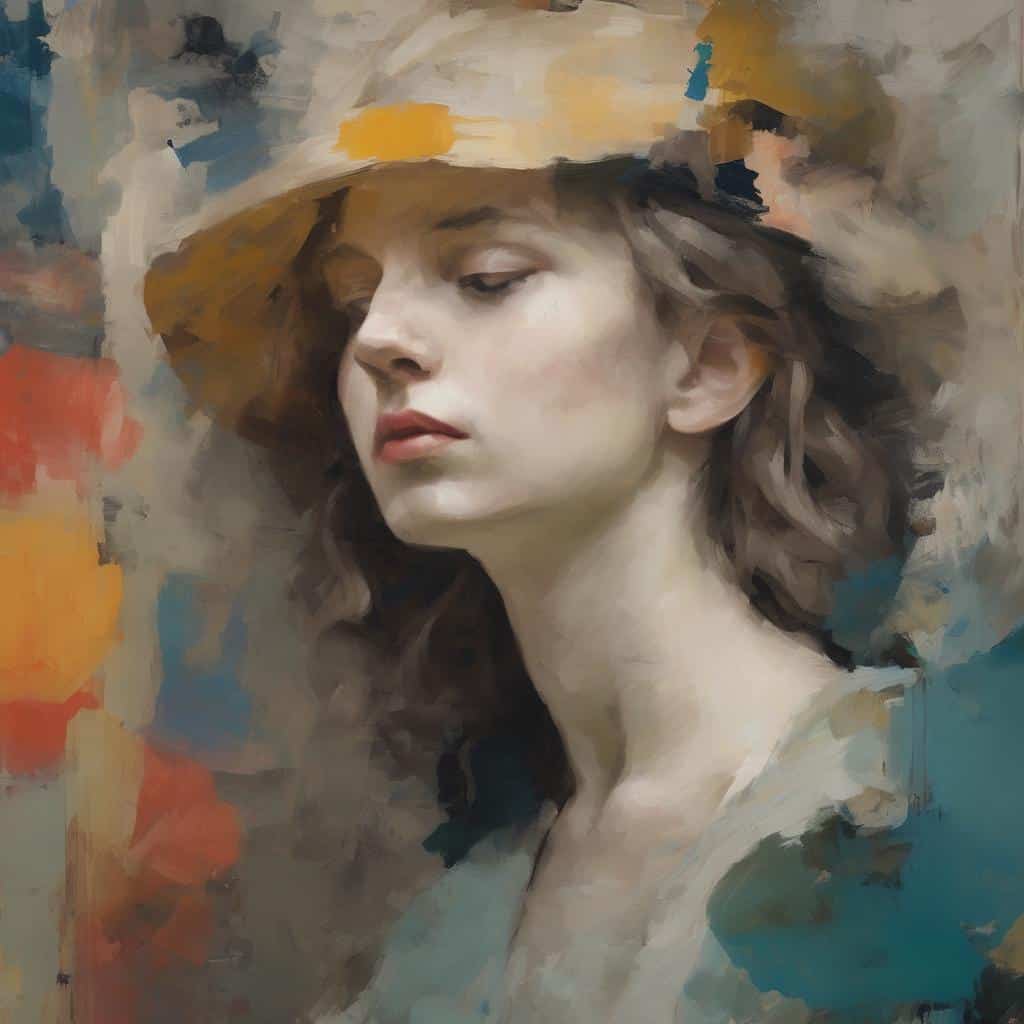 Παροιμιώδης ρεαλιστική πορτρέτο γυναίκας με καπέλο σε καλλιτεχνικό στυλ, εμπνευσμένο από τέχνη και εποχές.