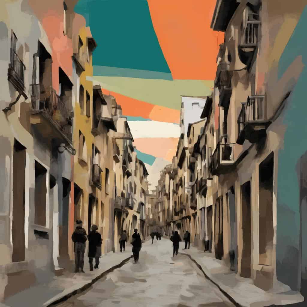 Παλιά πολυκατοικίες σε μια αστική γειτονιά με χρωματιστές οροφές και ανθρώπους περπατώντας, απόδοση σε ψηφιακό ζωγραφικό στυλ, αναδεικνύοντας την τέχνη της πόλης και την εποχική ατμόσφαιρα.